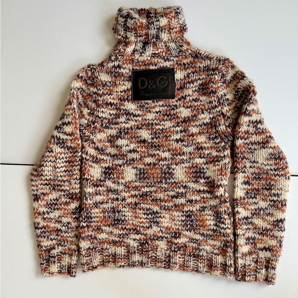 Vintage D&G Dolce & Gabanna Turtleneck Sweater Chunky Wool Marled‎ Leather Logo - Picture 13 of 16